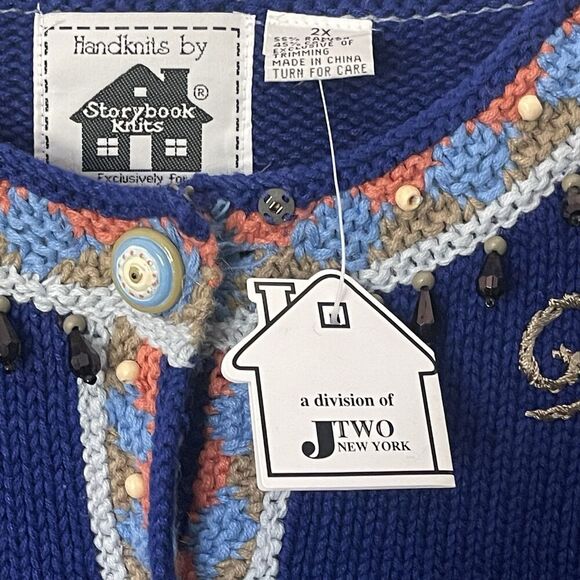 Storybook Knits HSN Cardigan Blue Geometric Embroidered Beaded Sweater Sz 2X NEW - Picture 4 of 11